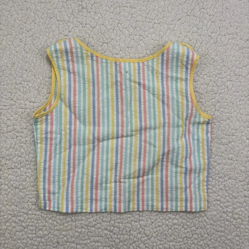 Vintage Seersucker Tank Top‎ Girls Size 6X Rainbow Stripe Button Strap Crop Top